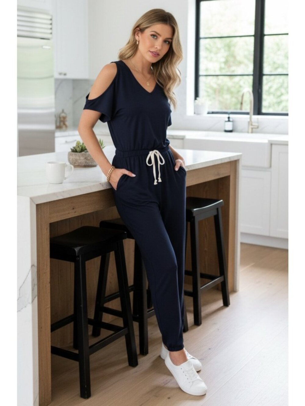 Cold-Shoulder Elastic Waist One-Piece Ankle Jogger Pant V-Neck Pocket Jumpsuit